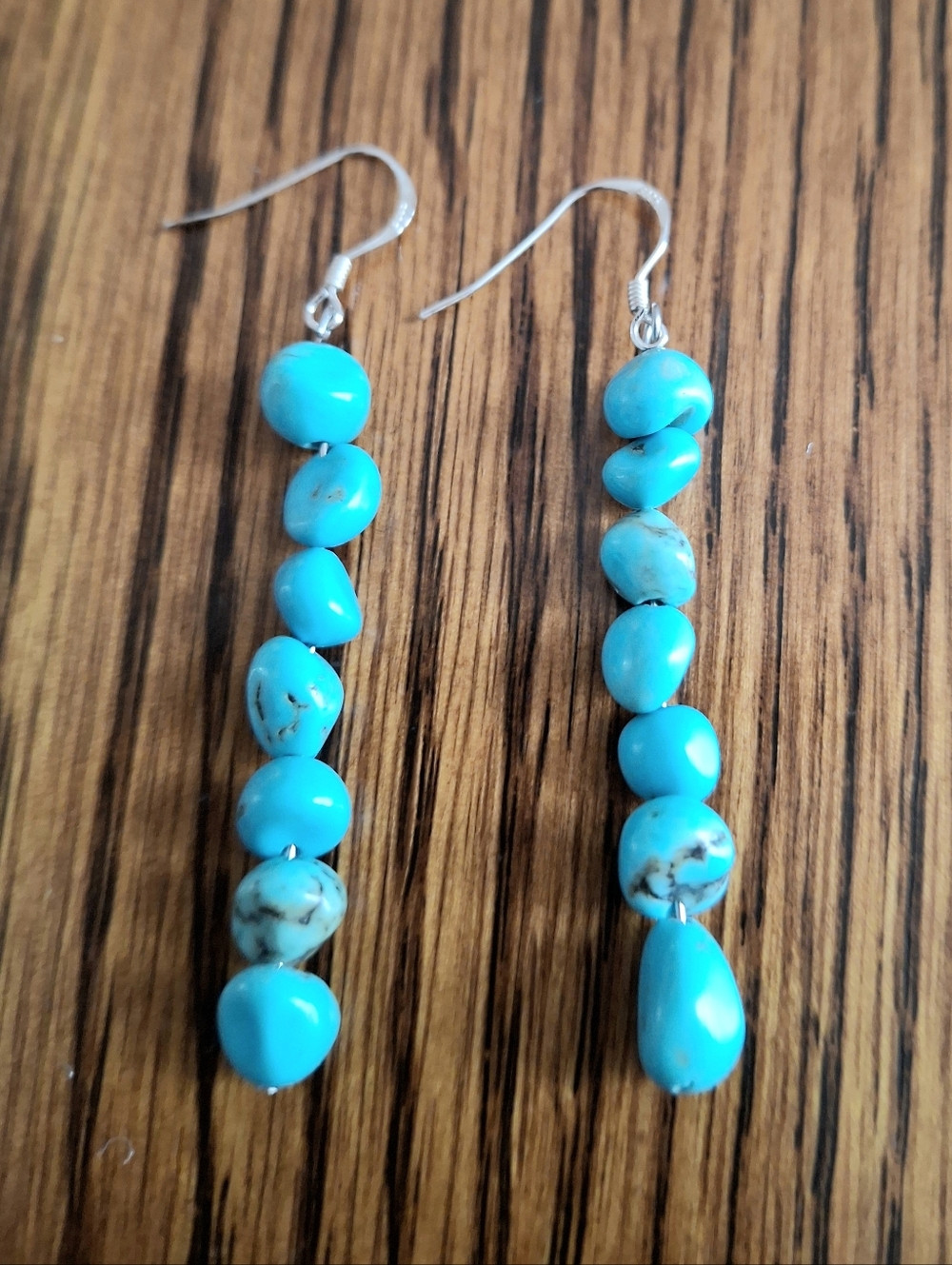 Turquoise Nuggets Beaded Dangling Matchstick Earrings Sterling Silver
